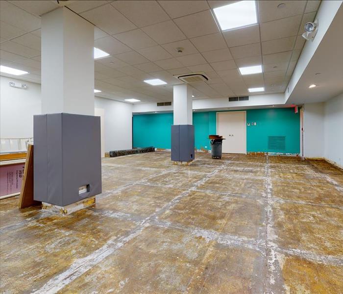 A large, open room with removed baseboards and flooring, ready for repairs