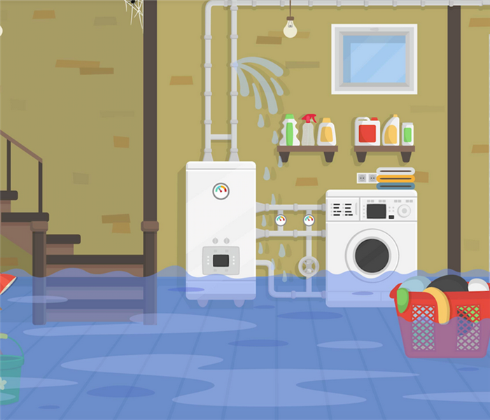 a flooded basement with items floating everywhere